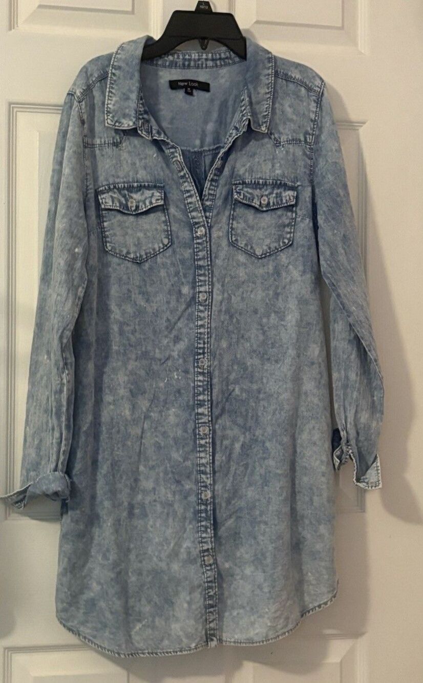 New Look Denim Shirt Dress Women’s Size M Buttons Pockets Roll Sleeve Distressed